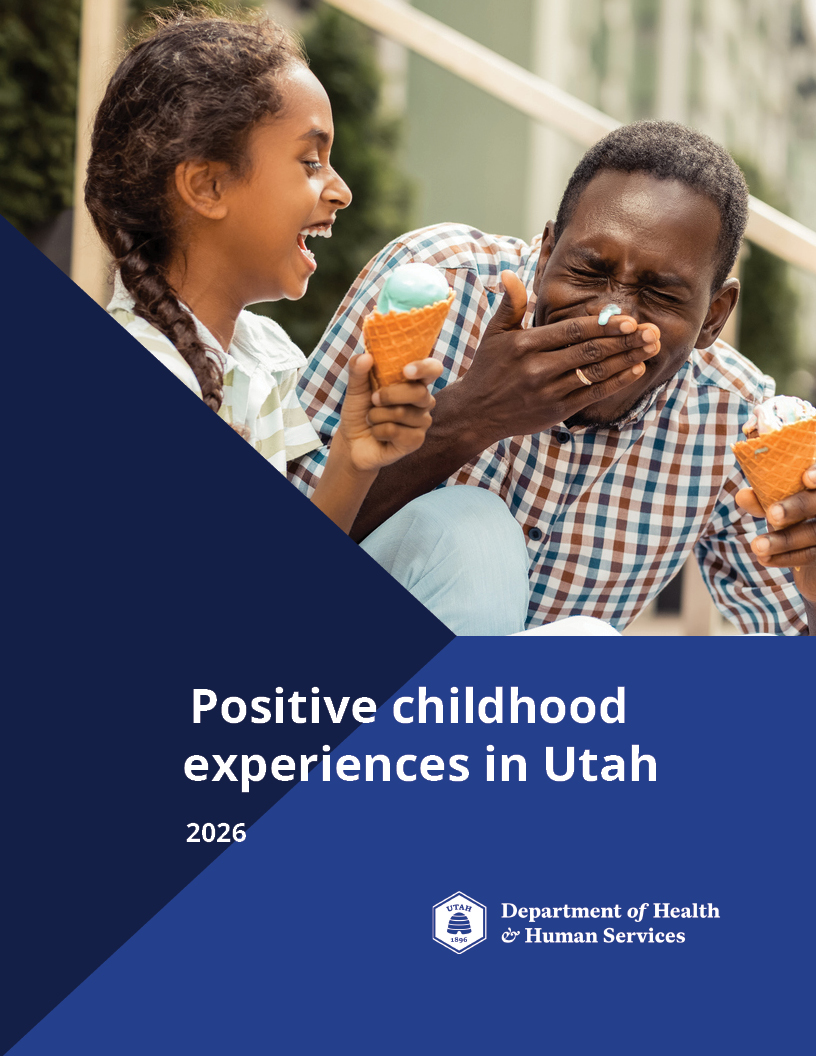 Girl and man laughing together while eating ice cream cones outside, cover of Utah report.