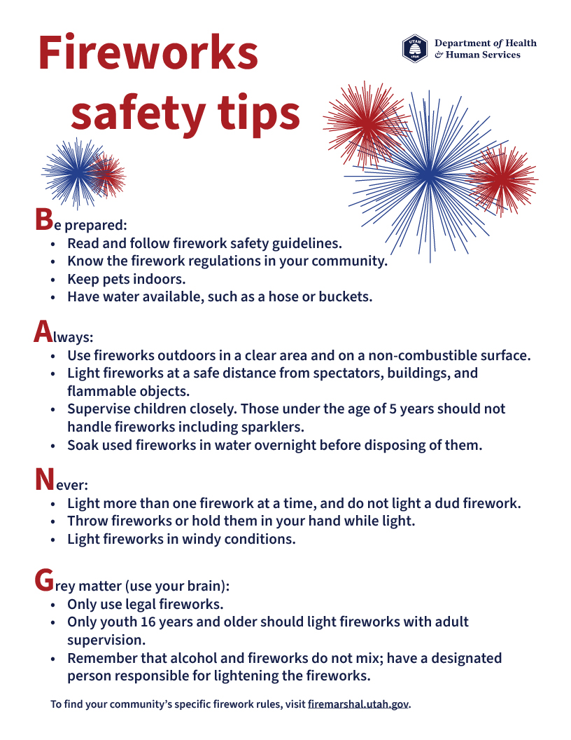 Poster with firework safety tips, red and blue fireworks, and Department of Health logo.
