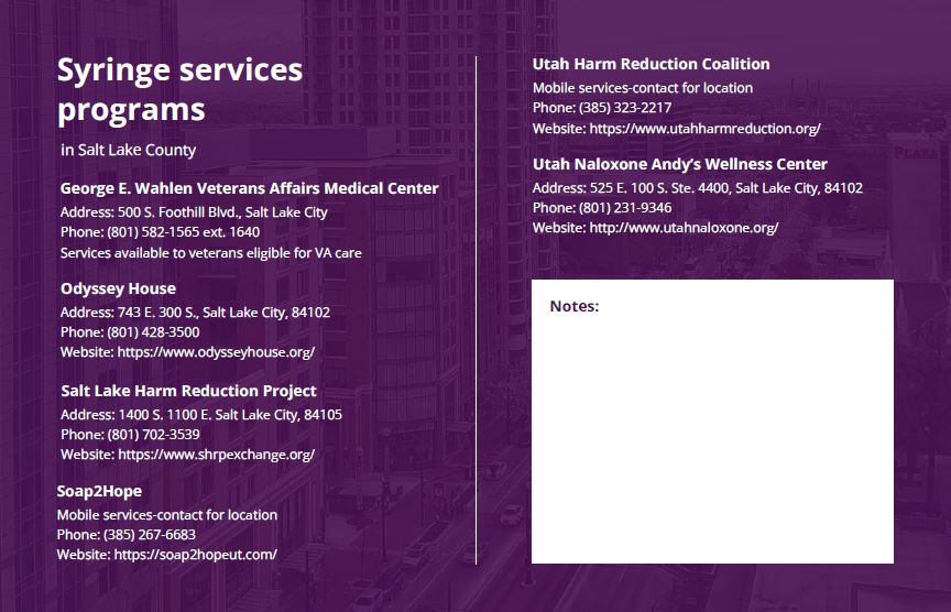 Purple flyer listing syringe service programs and contact info in Salt Lake County, Utah.