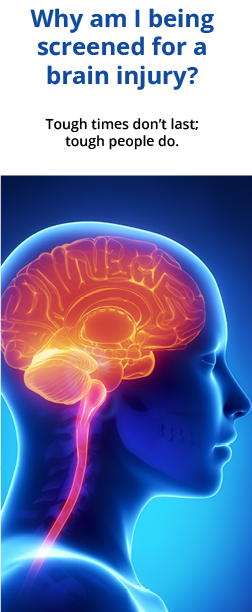 Profile of a human head showing a glowing brain with text about brain injury screening.